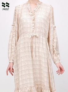 Ruffled check print long sleeve midi dress Front Detail